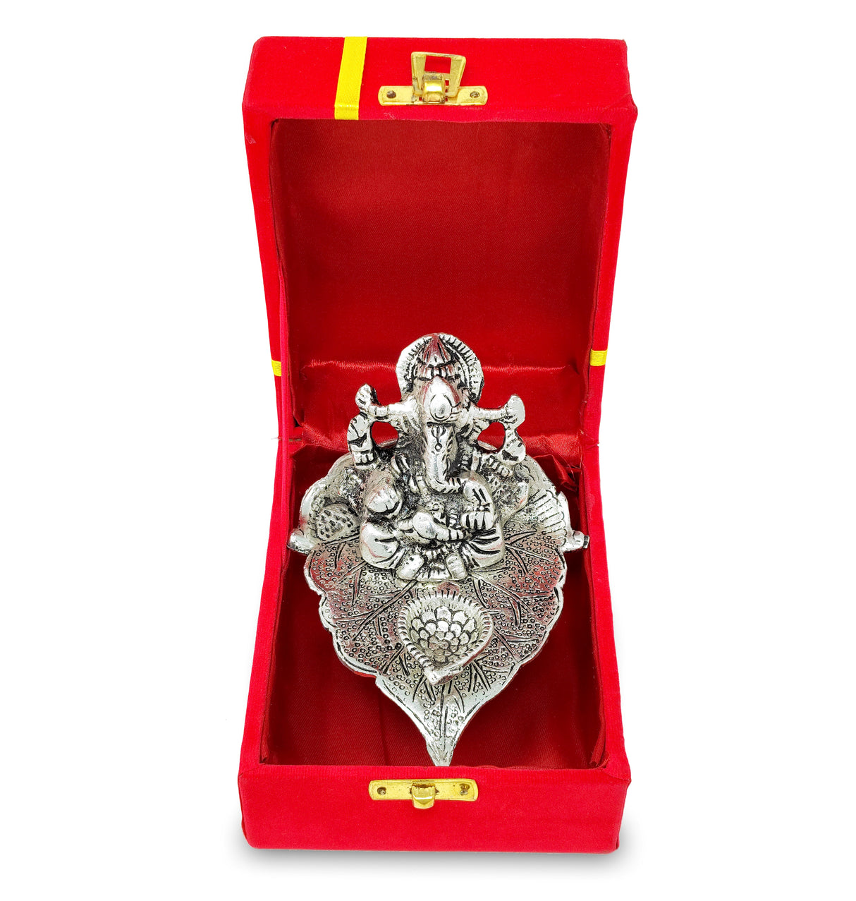 NOBILITY German Silver Diya Ganesha on Leaf Oil Lamp Statue Idol with Red Velvet Gift Box Pooja Items Diwali Decoration Puja Gifts Handmade Oil Lamp Traditional Indian Deepawali Gift Items