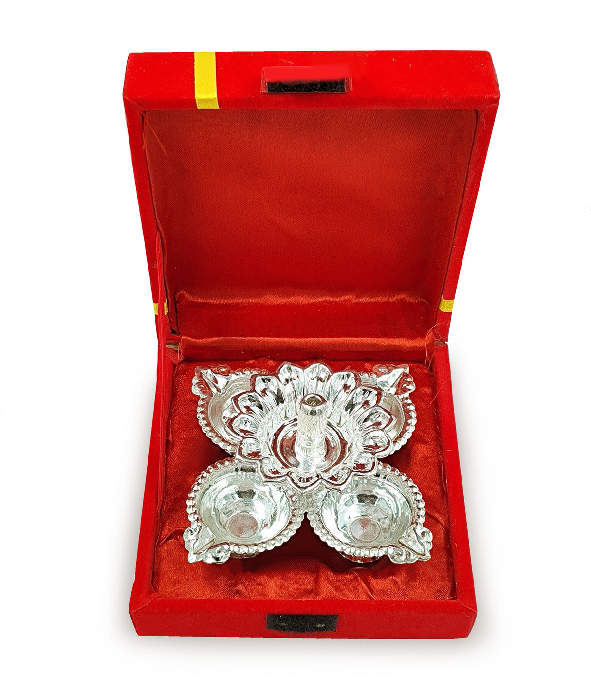 German Silver Diya Oil Lamp with Red Velvet Box Silver Plated Panchmukhi Dia Pooja Items Home Decoration Puja Gifts Handmade Diwali Gift