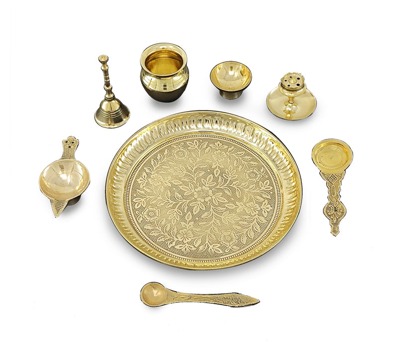 NOBILITY Brass Pooja Thali Set 7 Inch with Pital Puja Plate Kalash Bowl Spoon Dhup Dan Palli Ghanti Kuber Diya Chandan Wati Arti Thali for Diwali Home Office Mandir Wedding Return Gift Items