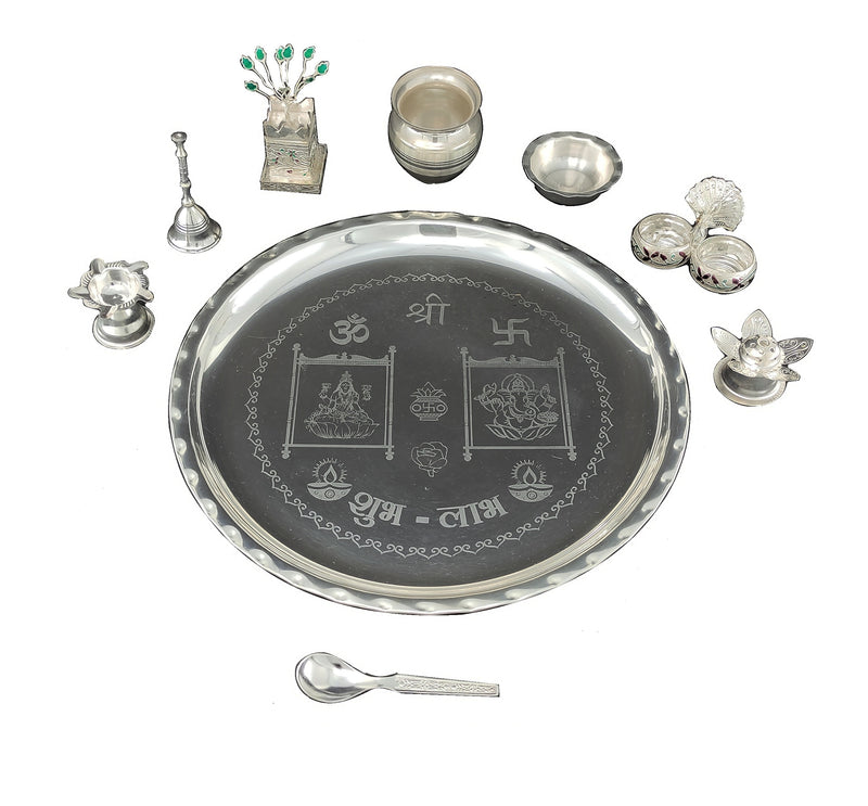 NOBILITY 12 Inch Silver Plated Pooja Thali Set with Accessories Daily Puja Decorative Gifts for Home Office Mandir Diwali Wedding Return Gift Items