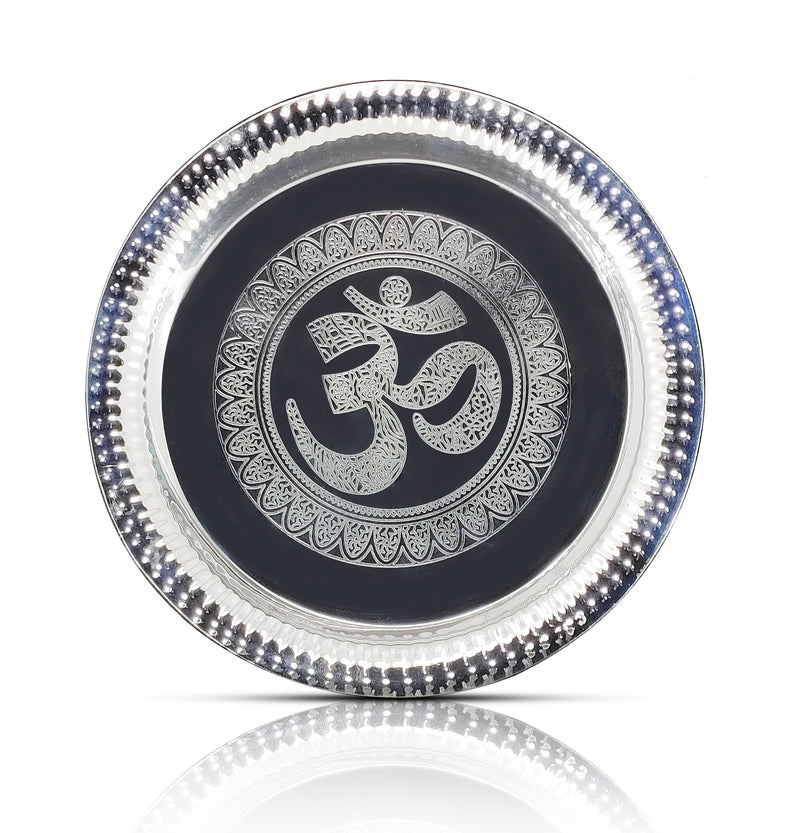 NOBILITY Pooja Thali Set Silver Plated with Blue Gift Box Om Designed 22 cm Puja Plate Kalash Bowl Ghanti Spoon Dhup Dan Diya for Home Office Diwali Wedding Return Gift Items