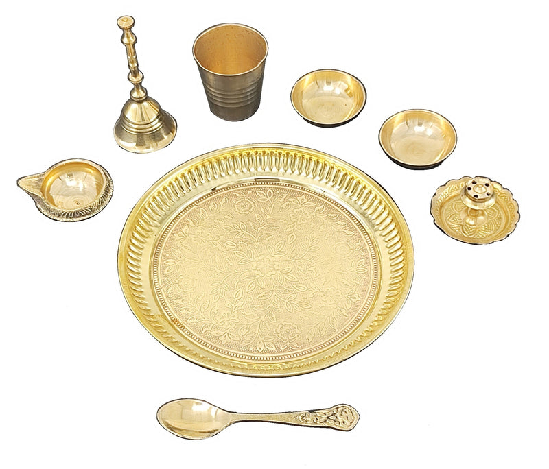 NOBILITY Brass Pooja Thali Set 6 Inch Puja Thali with Pital Plate Glass Chandan Wati Dhup Dan Kuber Deep Ghanti Spoon Arti Thali for Diwali Home Office Mandir Wedding Return Gift Items