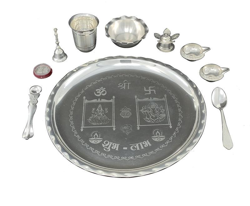 NOBILITY 12 Inch Silver Plated Pooja Thali Set with Accessories Daily Puja Decorative Gifts for Home Office Mandir Diwali Wedding Return Gift Items