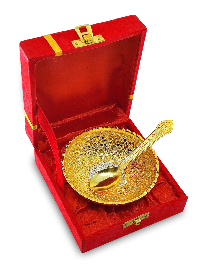 NOBILITY Bowl Spoon Set Gold and Silver Plated Leaf Shaped Designed with Velvet Box Dry Fruit Dessert Serving Sets Friends Family Home Decorative Corporate Gifts Wedding Return Gift