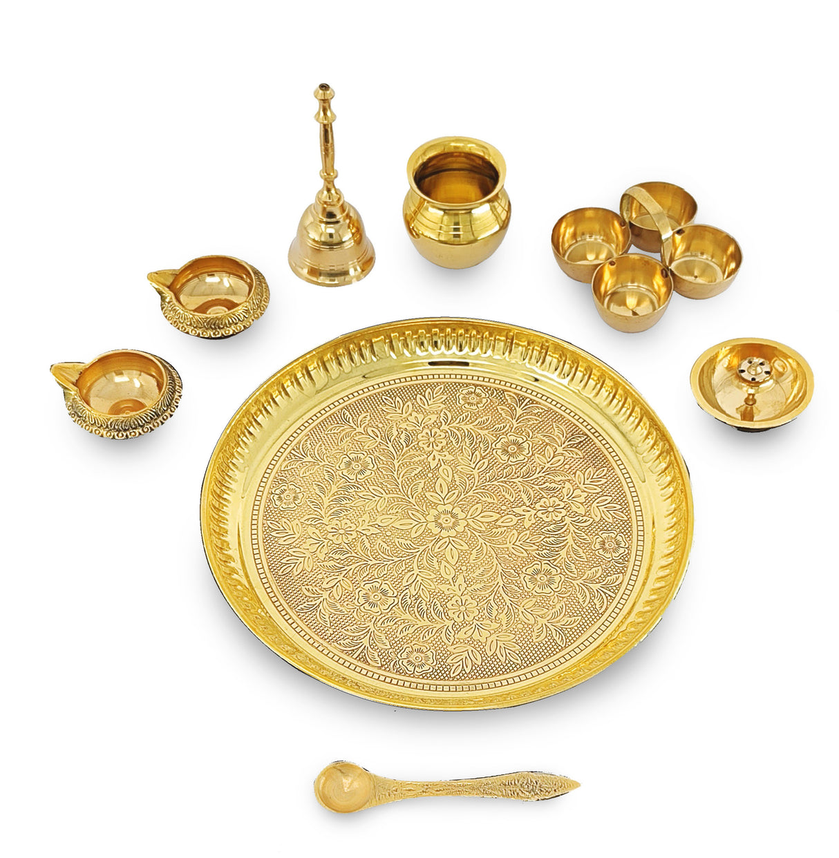 NOBILITY Puja Thali Set Brass Pooja Thali Set 8 Inch with Pital Plate Glass Kalash Spoon Ghanti Bowl Agarbatti Stand Kuber Diya Daily Pooja items for Diwali Home Mandir Office Wedding Return Gift Item