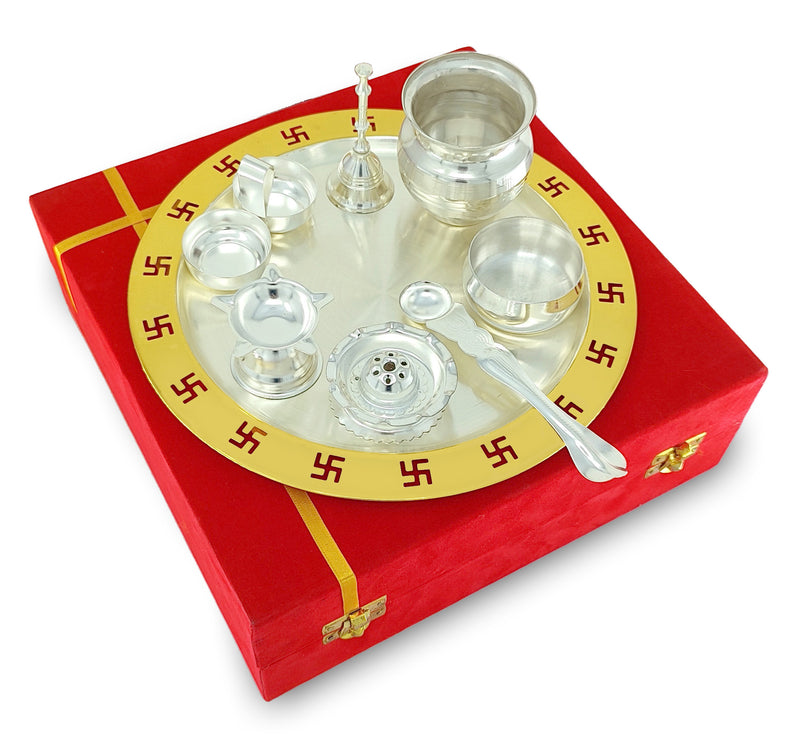 NOBILITY Pooja Thali Set Gold & Silver Plated with Red Gift Box