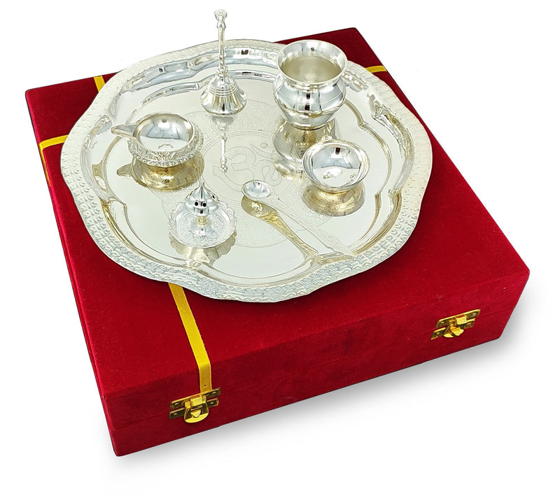 NOBILITY Pooja Thali Set Silver Plated with Red Gift Box Designed Puja Plate 22 CM Bowl Ghanti Kalash Spoon Dhup Dan Diya for Home Office Diwali Wedding Return Gift Items