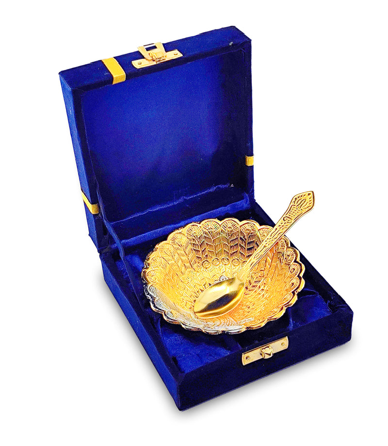 NOBILITY Bowl Spoon Set Gold and Silver Plated Leaf Shaped Designed with Velvet Box Dry Fruit Dessert Serving Sets Friends Family Home Decorative Corporate Gifts Wedding Return Gift