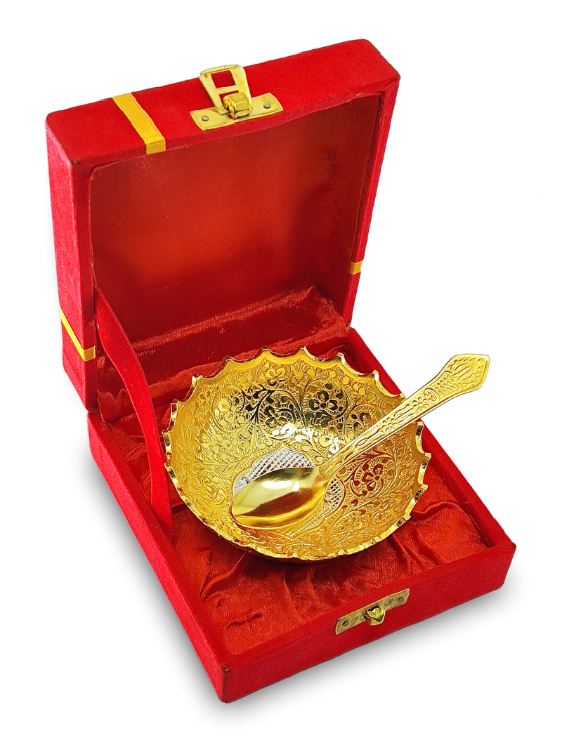 NOBILITY Bowl Spoon Set Gold and Silver Plated Leaf Shaped Designed with Velvet Box Dry Fruit Dessert Serving Sets Friends Family Home Decorative Corporate Gifts Wedding Return Gift