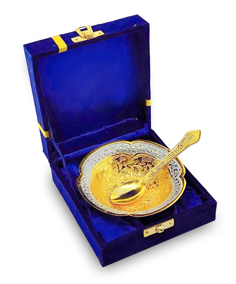 NOBILITY Bowl Spoon Set Gold and Silver Plated Leaf Shaped Designed with Velvet Box Dry Fruit Dessert Serving Sets Friends Family Home Decorative Corporate Gifts Wedding Return Gift