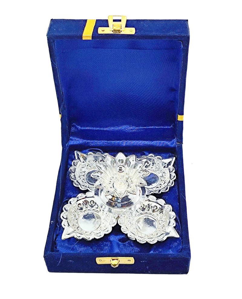 Nobility Silver Plated Diya with Blue Velvet Gift Box Panchmukhi Dia Pooja Items Diwali Decoration Puja Gifts Handmade Oil Lamp Traditional Indian Deepawali Gift Items