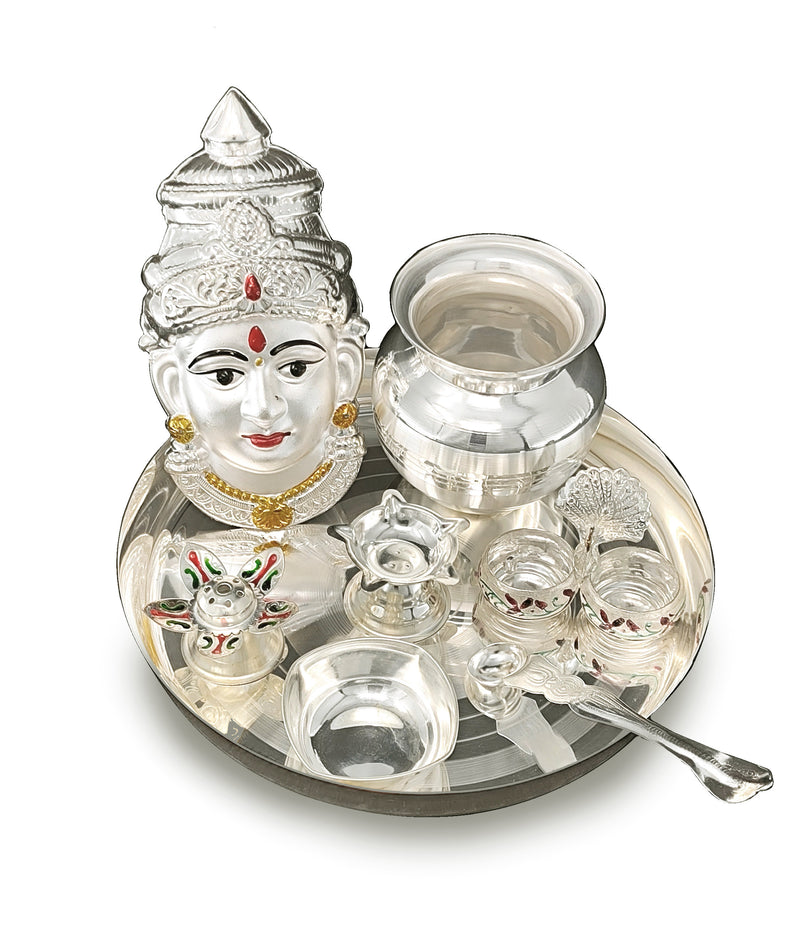 NOBILITY Silver Plated Pooja thali Set with Varalakshmi Devi Mukhota Idol Statue