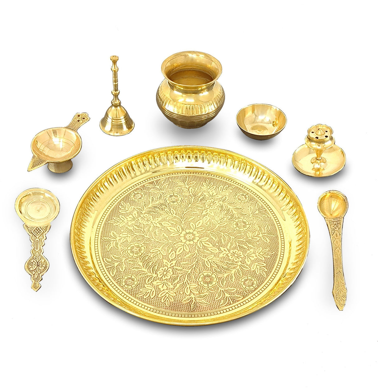 Brass Pooja Thali Set 8 Inch Puja Thali with Pital Plate Kalash Palli Chandan Wati Agarbatti Stand Kappur Arti Diya for Diwali Home Office Mandir Wedding Return Gift Items