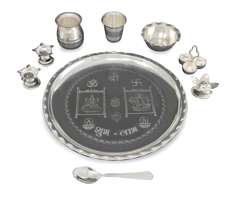 NOBILITY 12 Inch Silver Plated Pooja Thali Set with Accessories Daily Puja Decorative Gifts for Home Office Mandir Diwali Wedding Return Gift Items