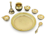 Pooja Thali Set Brass Small 6 Inch Puja Thali with Pital Plate Chandan Wati Kalash Kuber Diya Ghanti Palli Arti Thali for Diwali Home Office Mandir Wedding Return Gift Items