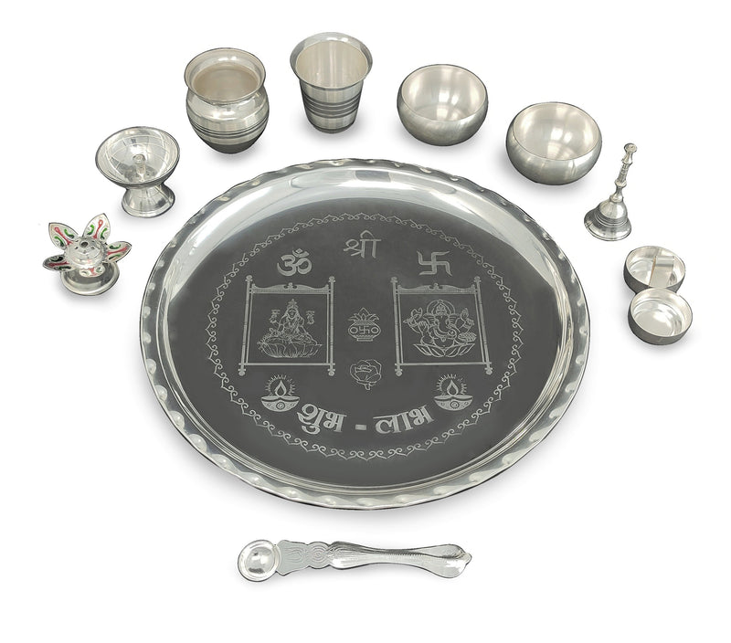 NOBILITY 12 Inch Silver Plated Pooja Thali Set with Accessories Daily Puja Decorative Gifts for Home Office Mandir Diwali Wedding Return Gift Items