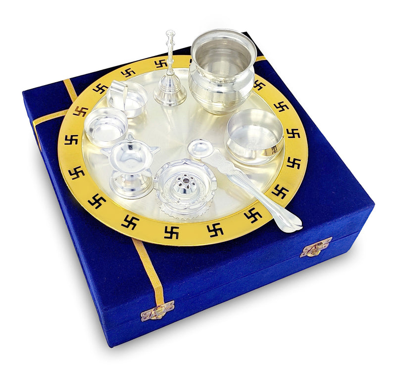 NOBILITY Pooja Thali Set Gold & Silver Plated with Blue Gift Box