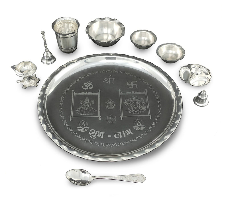 NOBILITY 12 Inch Silver Plated Pooja Thali Set with Accessories Daily Puja Decorative Gifts for Home Office Mandir Diwali Wedding Return Gift Items