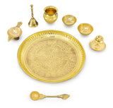 NOBILITY Puja Thali Set Brass Pooja Thali Set 8 Inch with Pital Plate Glass Kalash Spoon Ghanti Bowl Agarbatti Stand Kuber Diya Daily Pooja items for Diwali Home Mandir Office Wedding Return Gift Item