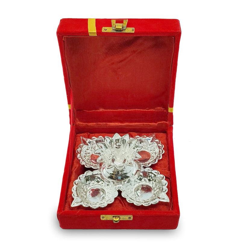 Nobility Silver Plated Diya with Red Velvet Gift Box Panchmukhi Dia Pooja Items Diwali Decoration Puja Gifts Handmade Oil Lamp Traditional Indian Deepawali Gift Items