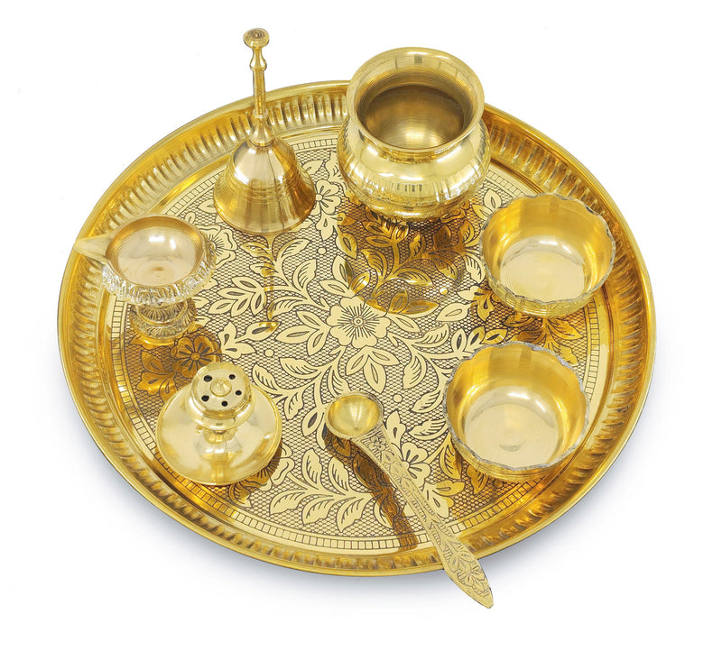 NOBILITY Brass Pooja Thali Set 10 Inch for Diwali Home Office Mandir Wedding Return Gift Items