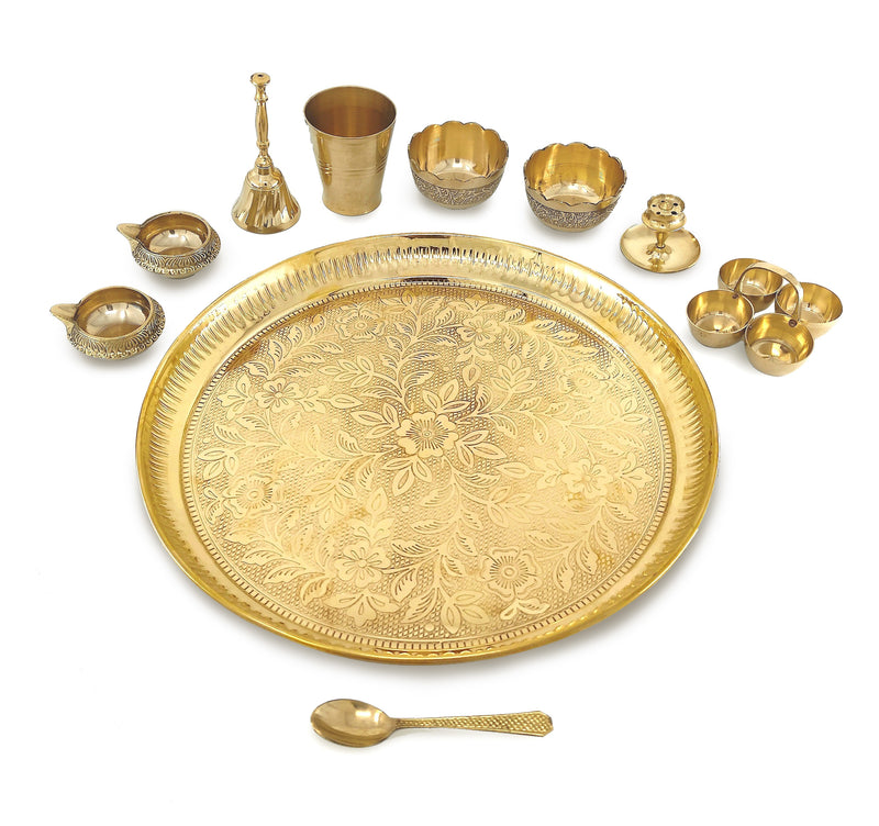 NOBILITY Brass Pooja Thali Set 12 Inch with Pital Plate Glass Bowl Spoon Palli Ghanti Kuber Diya Dhup Dan Haldi Kumkum Stand Puja Thali for Diwali Home Office Mandir Wedding Return Gift Items