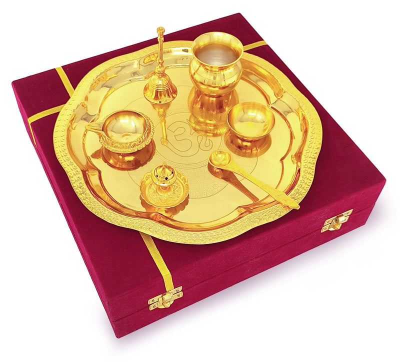 NOBILITY Pooja Thali Set Gold & Silver Plated with Red Gift Box Designed Puja Plate 22 CM Bowl Ghanti Kalash Spoon Dhup Dan Diya for Home Office Diwali Wedding Return Gift Items