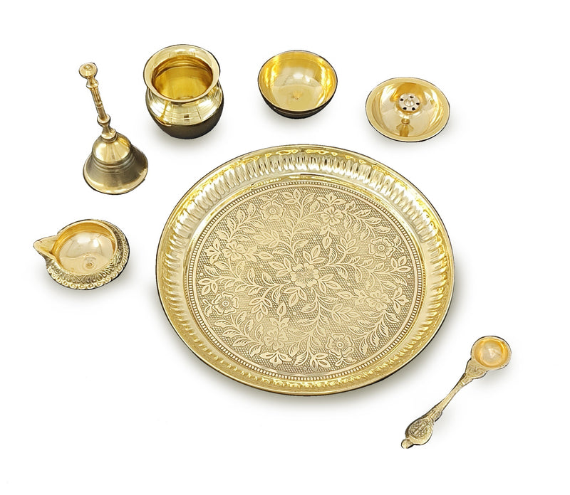 NOBILITY Brass Pooja Thali Set 7 Inch with Pital Puja Plate Kalash Bowl Spoon Dhup Dan Palli Ghanti Kuber Diya Chandan Wati Arti Thali for Diwali Home Office Mandir Wedding Return Gift Items