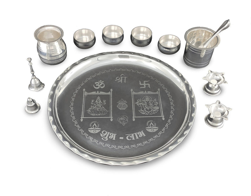 NOBILITY 12 Inch Silver Plated Pooja Thali Set with Accessories Daily Puja Decorative Gifts for Home Office Mandir Diwali Wedding Return Gift Items