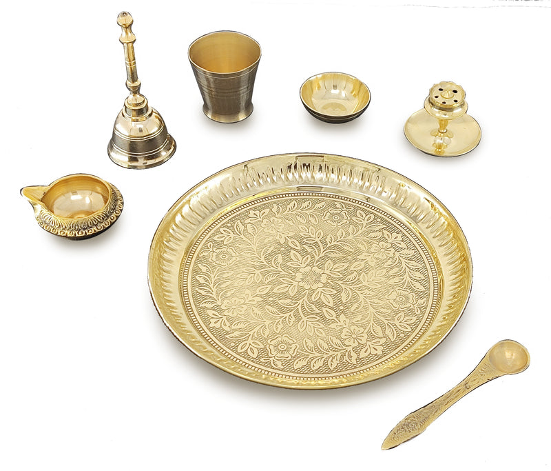 NOBILITY Brass Pooja Thali Set 7 Inch with Pital Puja Plate Kalash Bowl Spoon Dhup Dan Palli Ghanti Kuber Diya Chandan Wati Arti Thali for Diwali Home Office Mandir Wedding Return Gift Items