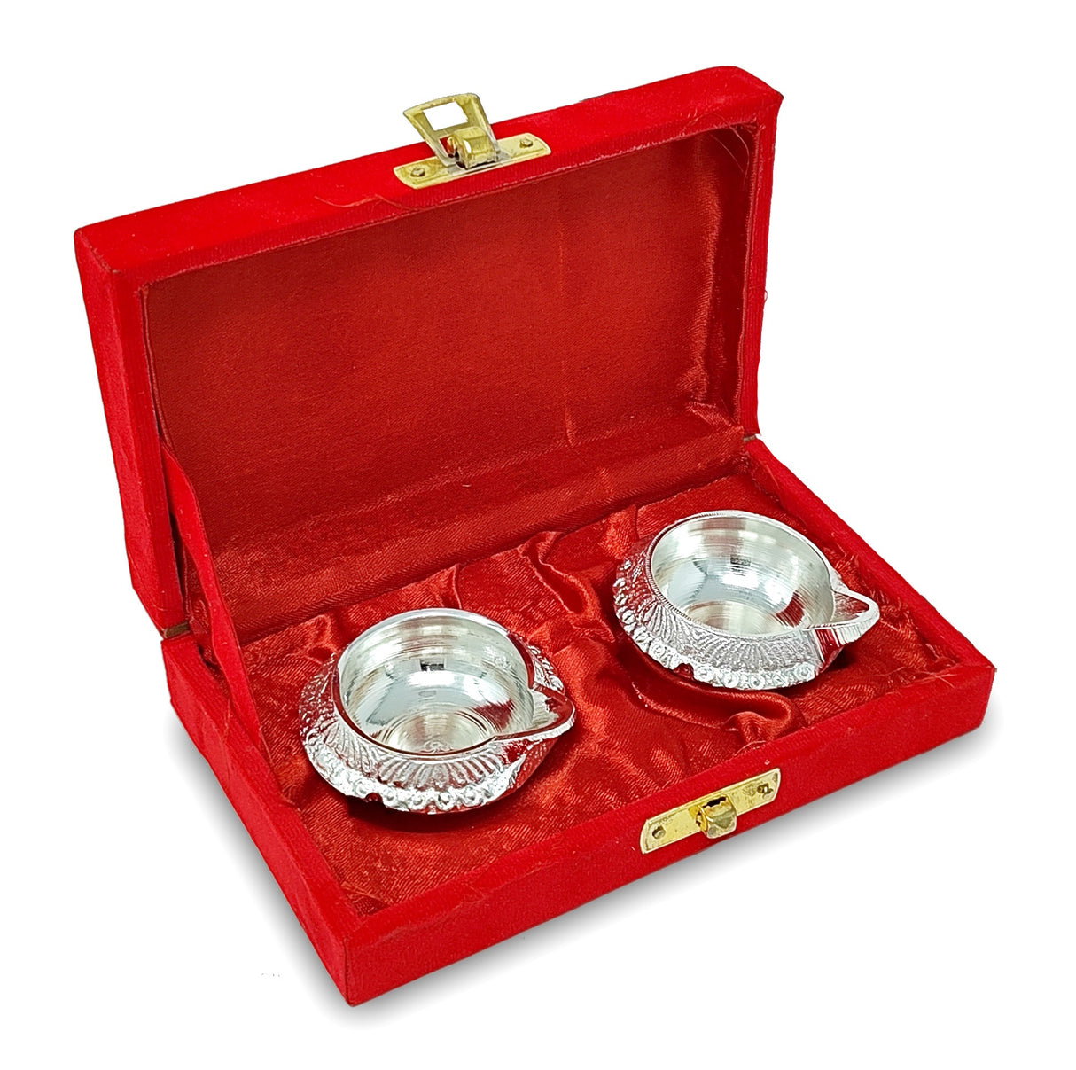 Silver Plated Kuber Diya with Red Velvet Gift Box Pooja Items Diwali Decoration Puja Gifts Handmade Daily Oil Lamp Traditional Indian Deepawali Gift Items