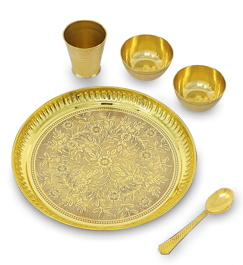 NOBILITY Brass Pooja Thali Set 8 Inch Puja Bhog Thali with Pital Plate Bowl Glass Spoon Arti Thali for Diwali Home Office Mandir Wedding Return Gift Items