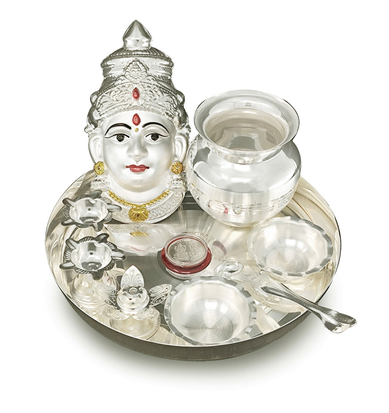 NOBILITY Silver Plated Pooja thali Set with Varalakshmi Devi Mukhota Idol Statue