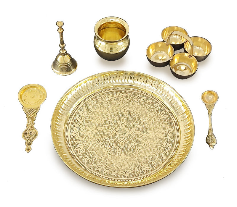 NOBILITY Brass Pooja Thali Set 7 Inch with Pital Puja Plate Kalash Bowl Spoon Dhup Dan Palli Ghanti Kuber Diya Chandan Wati Arti Thali for Diwali Home Office Mandir Wedding Return Gift Items