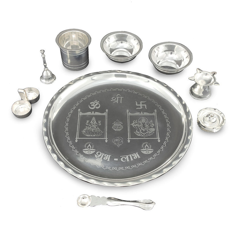 NOBILITY 12 Inch Silver Plated Pooja Thali Set with Accessories Daily Puja Decorative Gifts for Home Office Mandir Diwali Wedding Return Gift Items