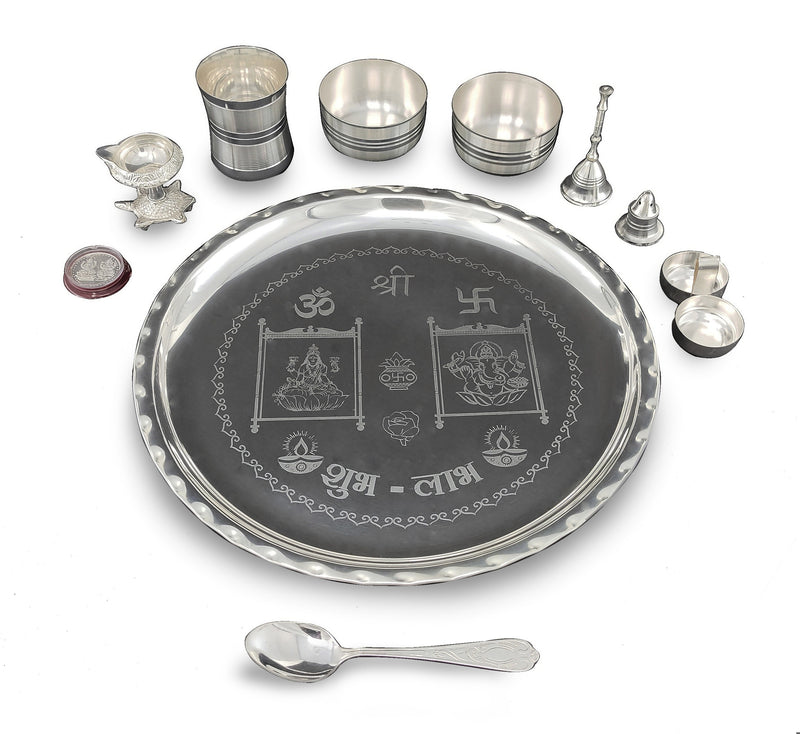 NOBILITY 12 Inch Silver Plated Pooja Thali Set with Accessories Daily Puja Decorative Gifts for Home Office Mandir Diwali Wedding Return Gift Items