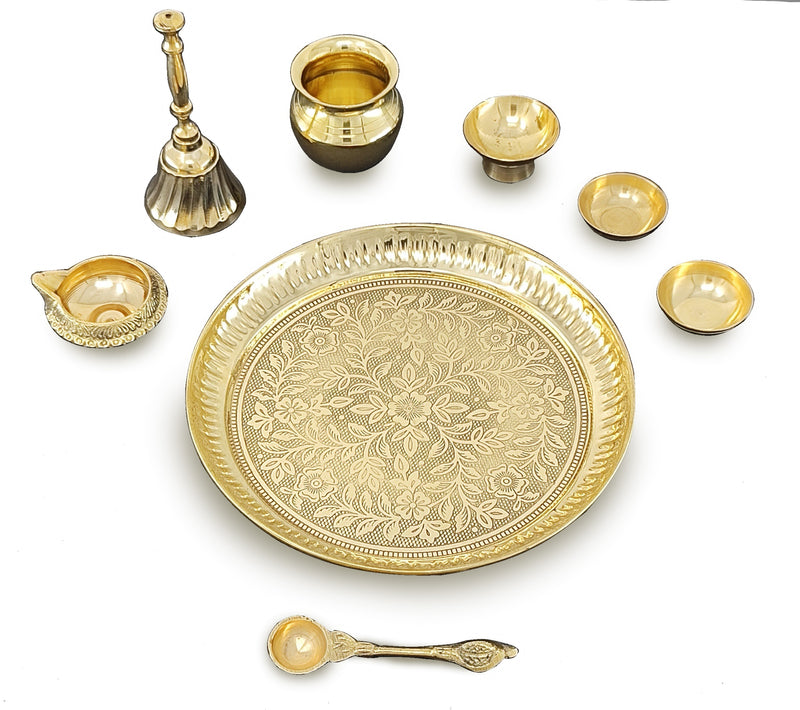 NOBILITY Brass Pooja Thali Set 7 Inch with Pital Puja Plate Kalash Bowl Spoon Dhup Dan Palli Ghanti Kuber Diya Chandan Wati Arti Thali for Diwali Home Office Mandir Wedding Return Gift Items