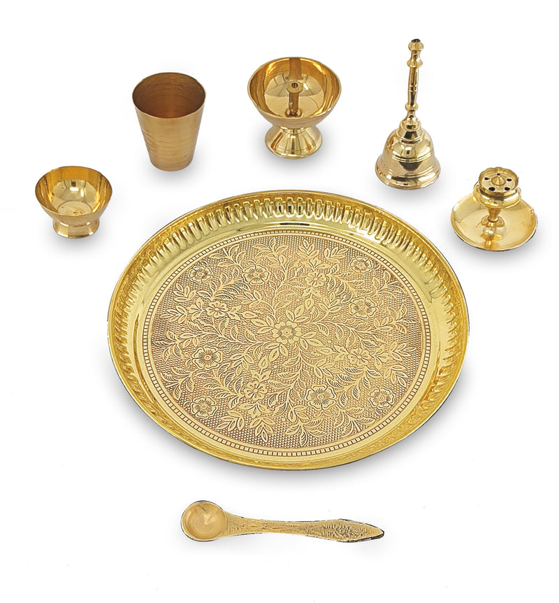 NOBILITY Brass Pooja Thali Set 8 Inch Puja Thali with Pital Plate Glass Piyali Diya Dhup Dan Chandan Wati Ghanti Palli for Diwali Home Office Mandir Wedding Return Gift Items