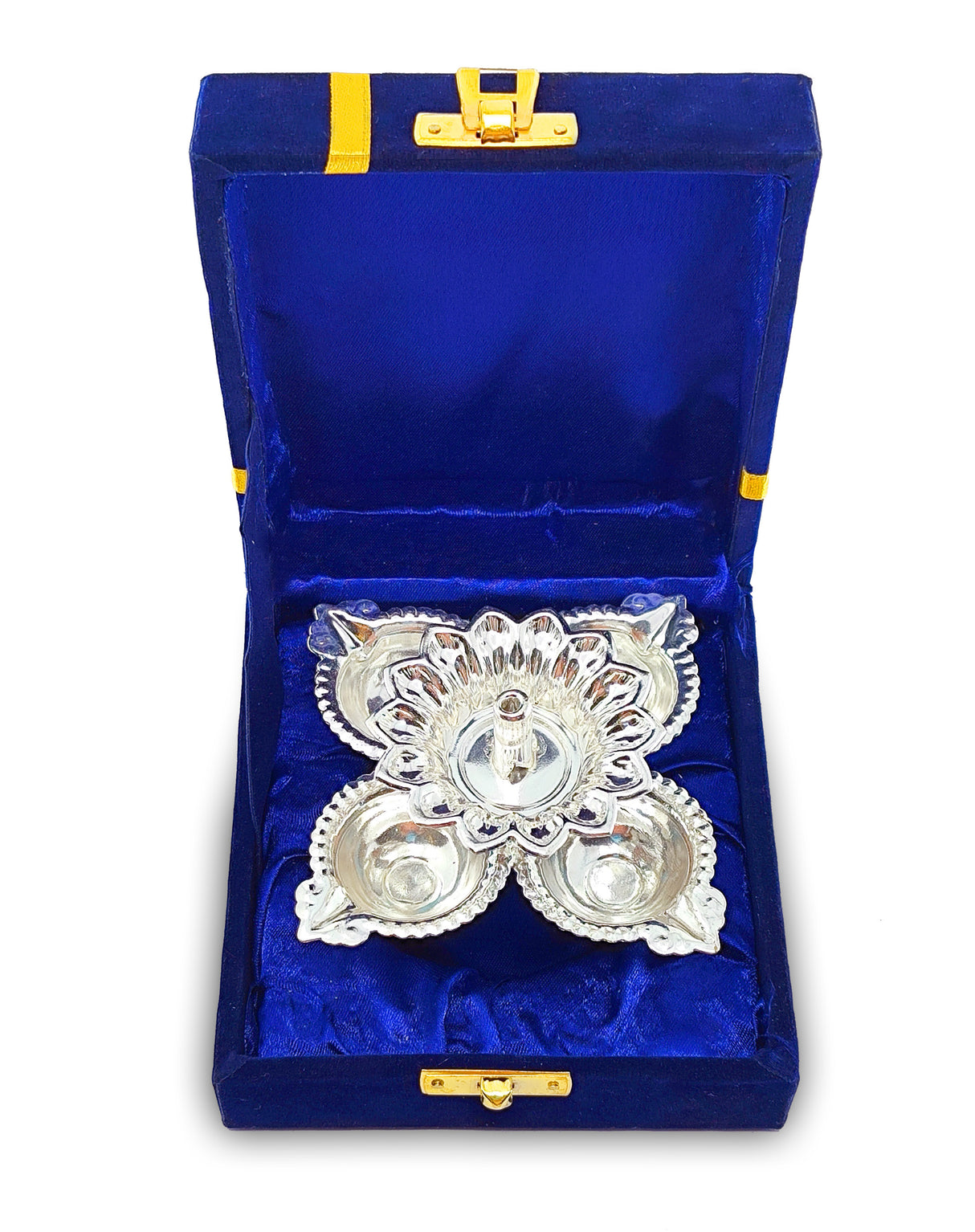 NOBILITY Silver Plated Diya with Blue Velvet Gift Box Panchmukhi Dia Pooja Items Diwali Decoration Puja Gifts Handmade Oil Lamp Traditional Indian Deepawali Gift Items