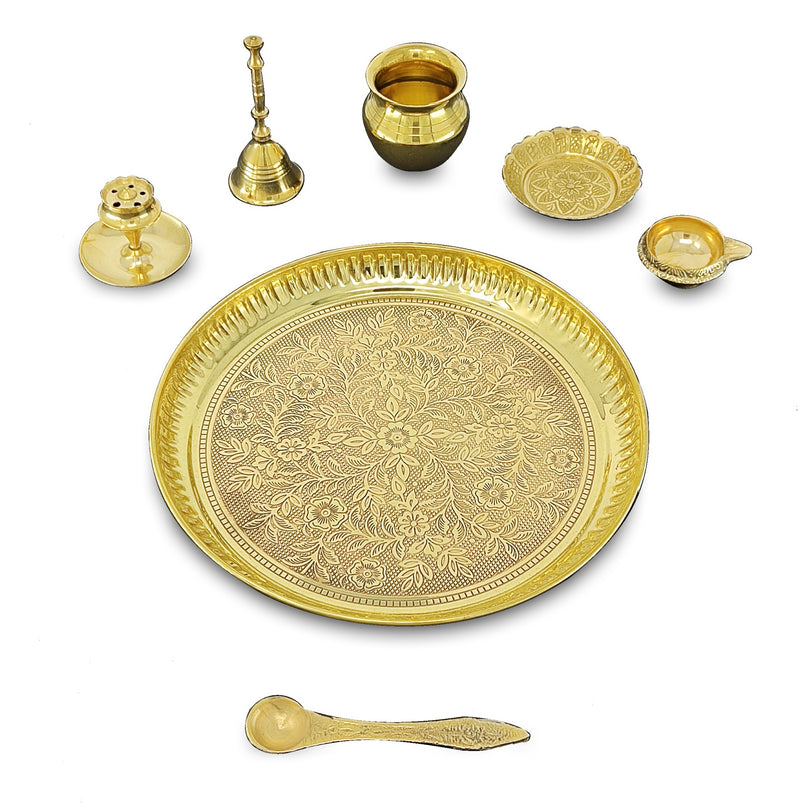 NOBILITY Brass Pooja Thali Set 8 Inch Puja Thali with Pital Designed Plate Kalash Kangura Plate Dhup Dan Kuber Diya Ghanti Palli for Diwali Home Office Mandir Wedding Return Gift Items