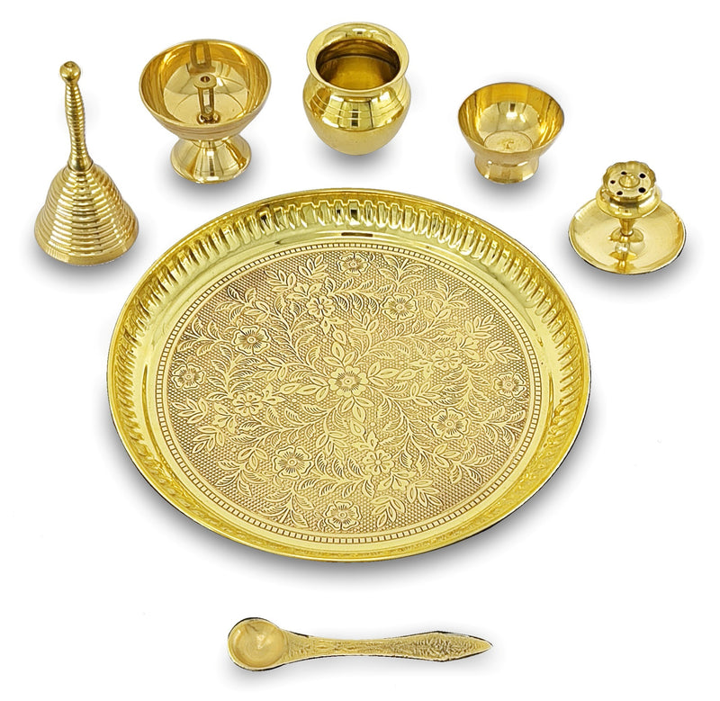 NOBILITY Brass Pooja Thali Set 8 Inch Puja Thali with Pital Plate Kalash Piyali Diya Ghanti Dhup Dan Chandan Wati Palli Arti Thali for Diwali Home Office Mandir Wedding Return Gift Items