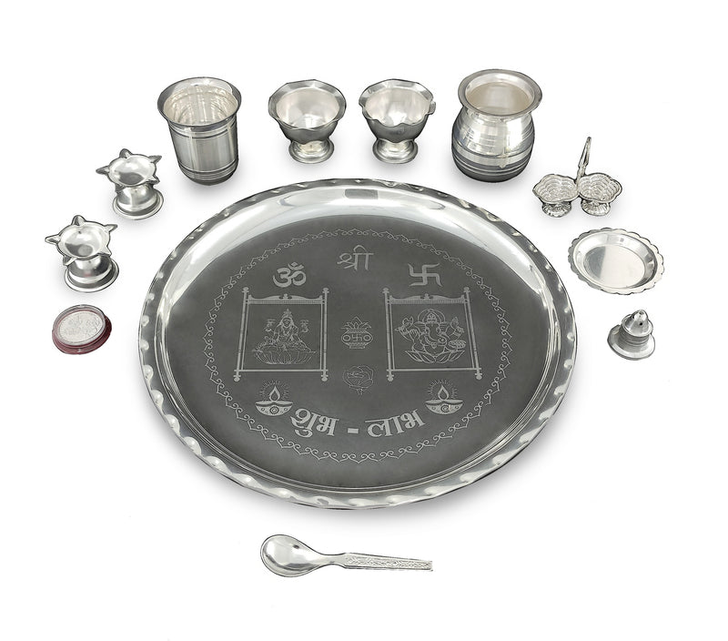 NOBILITY 12 Inch Silver Plated Pooja Thali Set with Accessories Daily Puja Decorative Gifts for Home Office Mandir Diwali Wedding Return Gift Items