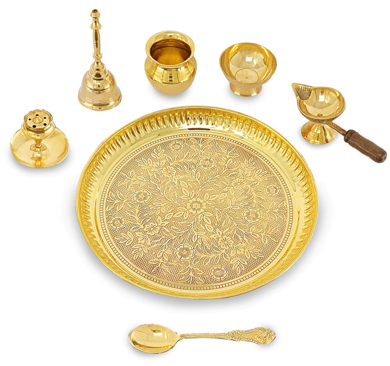 NOBILITY Brass Puja Thali Set 8 Inch Pooja Thali with Pital Plate Kalash Chandan Wati Diya Dhup Dan Ghanti Spoon Arti Thali for Diwali Home Office Mandir Wedding Return Gift Items