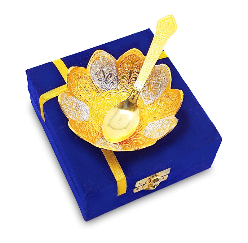 NOBILITY Bowl Spoon Set Gold and Silver Plated Leaf Shaped Designed with Velvet Box Dry Fruit Dessert Serving Sets Friends Family Home Decorative Corporate Gifts Wedding Return Gift