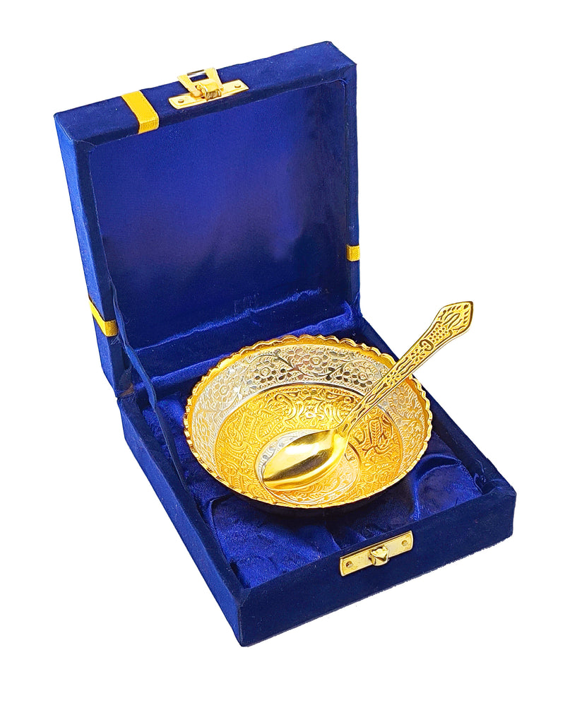 NOBILITY Bowl Spoon Set Gold and Silver Plated Leaf Shaped Designed with Velvet Box Dry Fruit Dessert Serving Sets Friends Family Home Decorative Corporate Gifts Wedding Return Gift