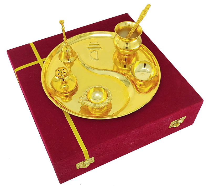 NOBILITY Pooja Thali Set Gold Plated with Gift Box 22 cm Designed Puja Plate Kalash Ghanti Bowl Spoon Dhup Dan Kuber Diya for Housewarming Diwali Wedding Gift Items