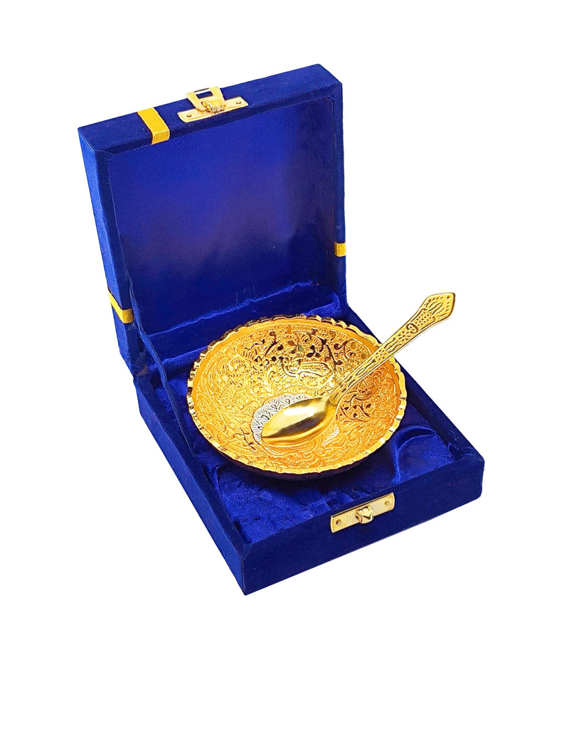 NOBILITY Bowl Spoon Set Gold and Silver Plated Leaf Shaped Designed with Velvet Box Dry Fruit Dessert Serving Sets Friends Family Home Decorative Corporate Gifts Wedding Return Gift