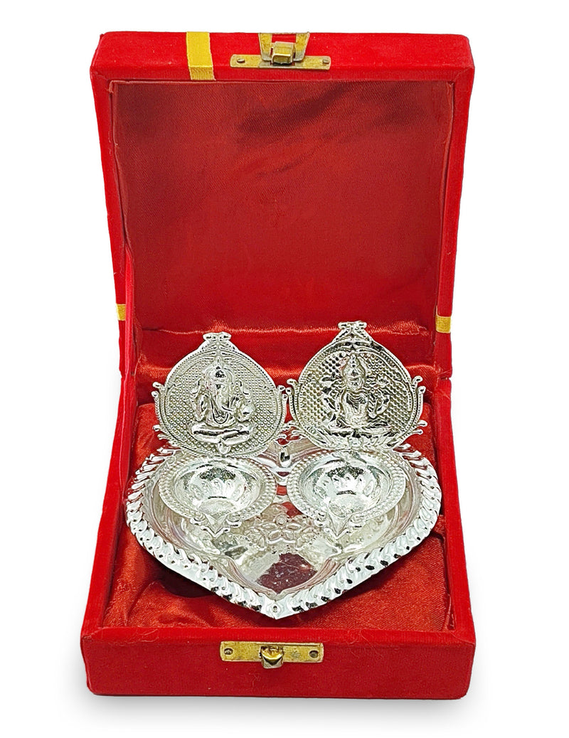 NOBILITY Silver Plated Diya with Red Velvet Gift Box Ganesh Lakshmi Design Idol Dia Pooja Items Diwali Decoration Puja Gifts Handmade Oil Lamp Traditional Indian Deepawali Gift Items