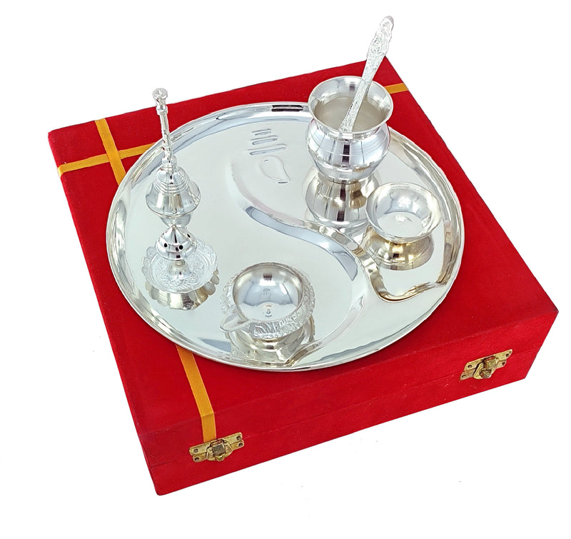 NOBILITY Pooja Thali Set Silver Plated with Red Gift Box Designed Puja Plate 22 CM Bowl Ghanti Kalash Spoon Dhup Dan Diya for Home Office Diwali Wedding Return Gift Items