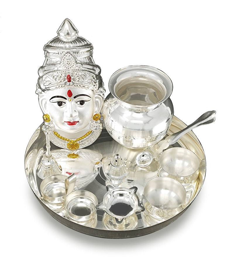 NOBILITY Silver Plated Pooja thali Set with Varalakshmi Devi Mukhota Idol Statue